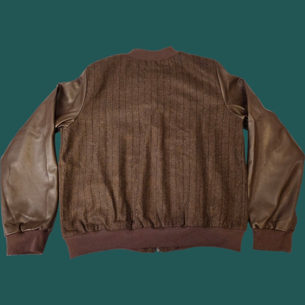 Easel Sz M (L) Vegan Leather Brown Bomber Wool Pinstripe‎ - Picture 2 of 8